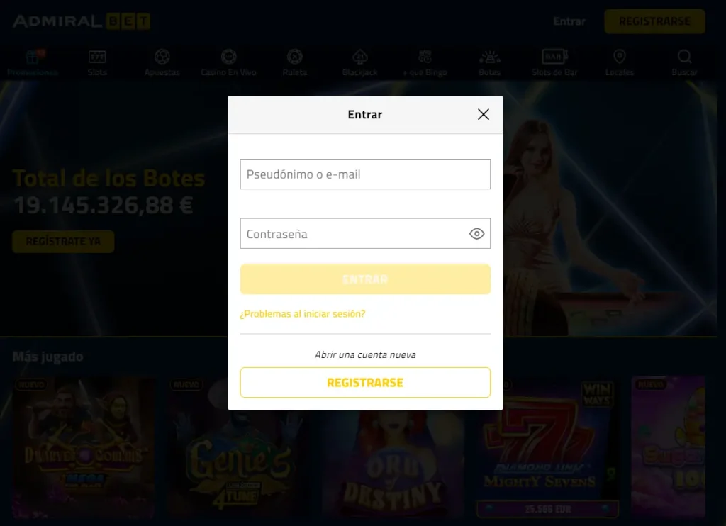 Formulario de Admiral Bet Login