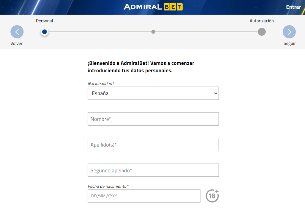 Formulario de Registro para Bonos Sin Depósito AdmiralBet